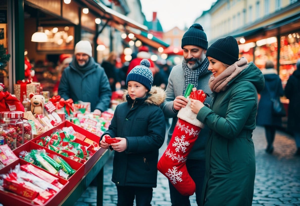 A family handler efter en julestrømpe på et svensk marked fyldt med slik og gaver
